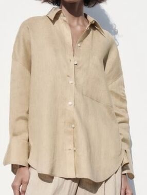 Zara Beige Button-Front Linen Shirt